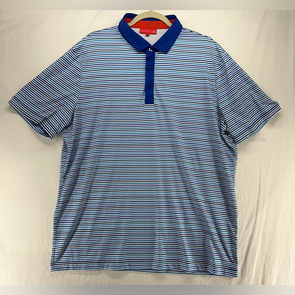 Redvanly Golf Polo Blue Stripe Short Sleeve Performance Luxury Mens Size XL